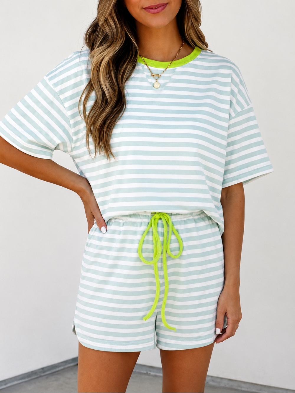 Striped Two-Piece Lounge Set with Neon Trim